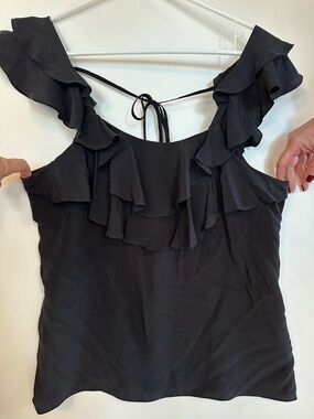Club Monaco Blk Silk Ruffle Party Top L